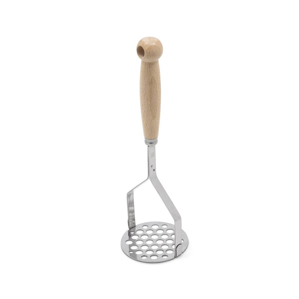 Schiacciapatate inox con manico in legno chiaro con adesivo