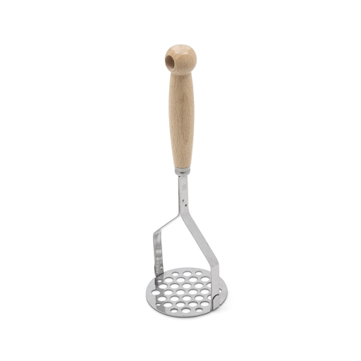 [B384] Schiacciapatate inox con manico in legno chiaro con adesivo